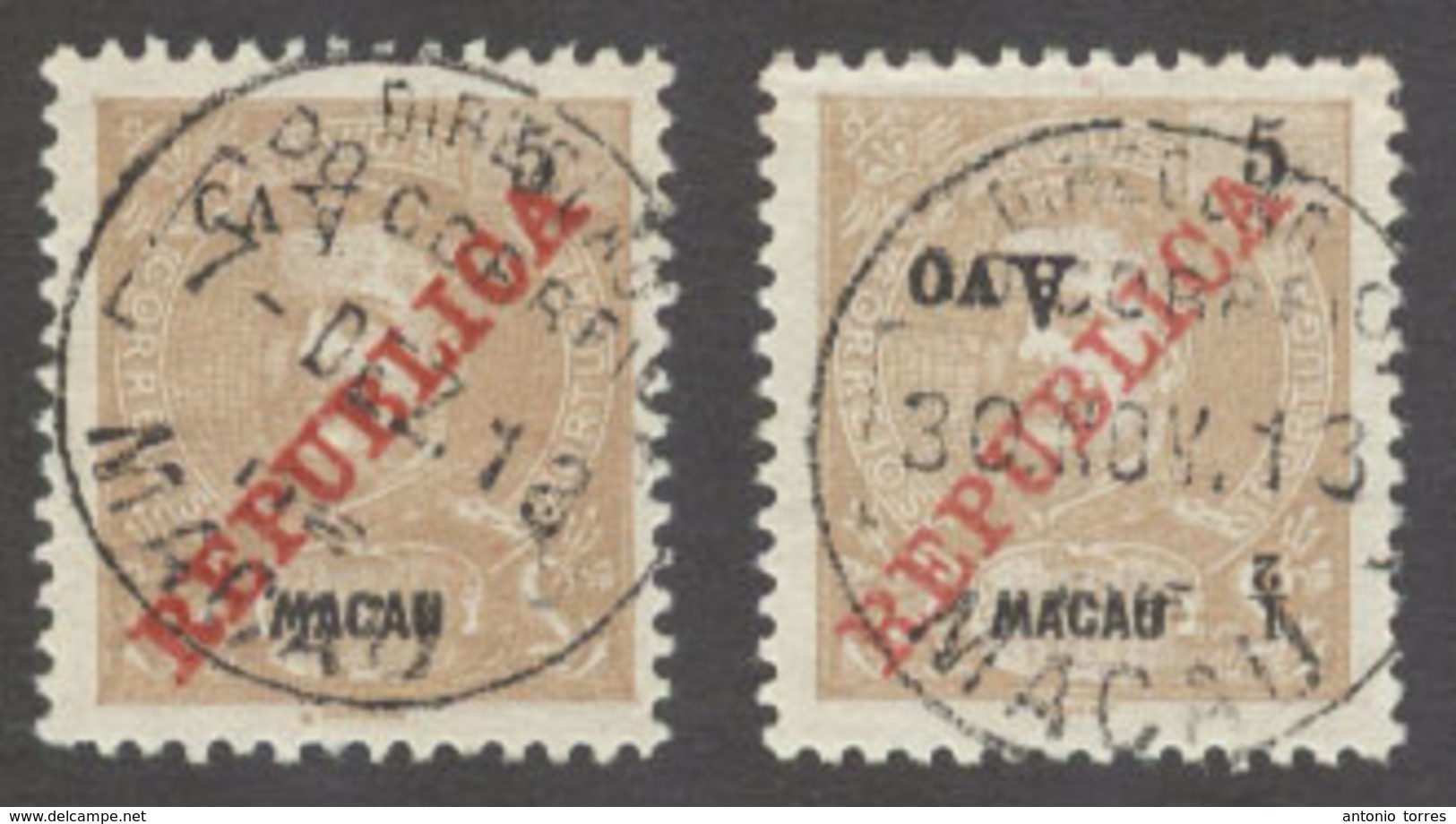 MACAU. 1913. Choi 198 Cº X2 1/2 Avo / 5a 2 Diff Inverted Overprints One Is Omitterd De 1/2 Avo Unlisted Variety (RRR) Sp - Autres & Non Classés