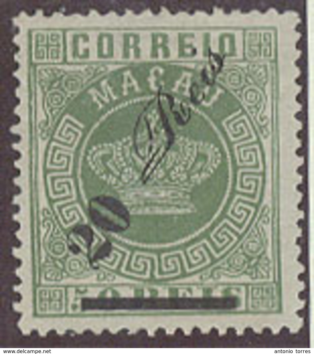 MACAU. 1885. Af 14 (x). 20rs / 50rs Green Perf 13 1/2 2 Line Position I Thick Bar With Cliche Variety Break At Left S Of - Autres & Non Classés