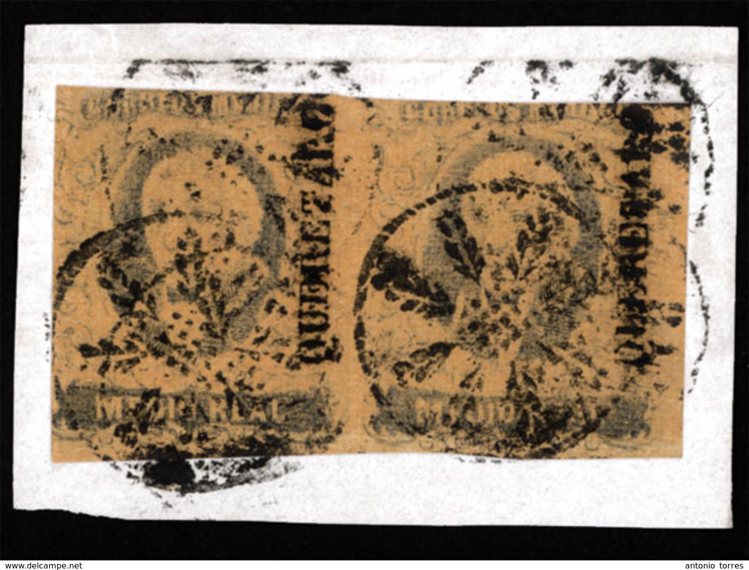 MEXICO. ½ 1861. Horizontal Pair On Piece/Querataro. Fleurum Cancel. Sc 6° ( X2). Very Fine. - Mexico