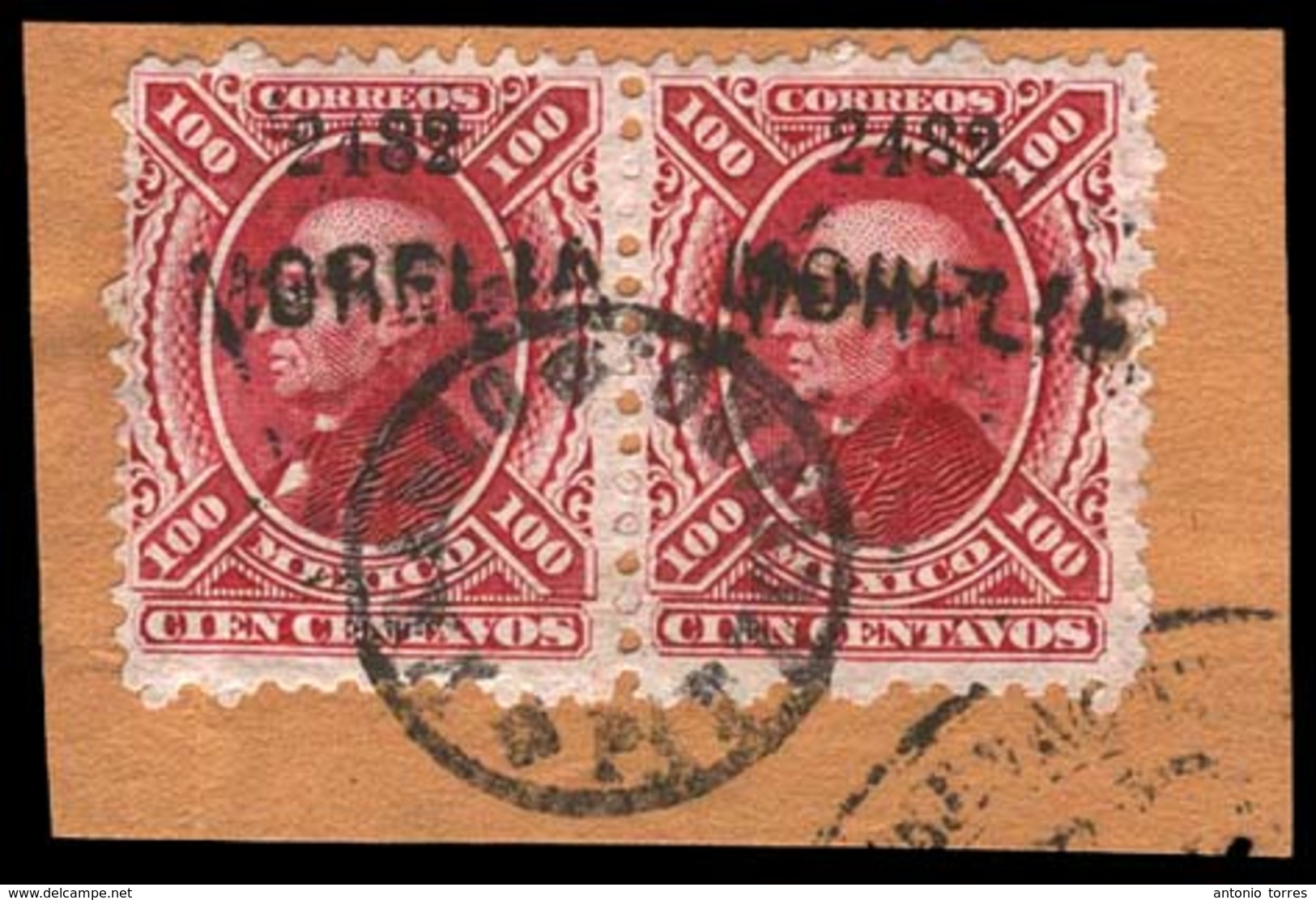 MEXICO. 1882. 100c Red Horizontal Pair. Sc. #122 X 2. Morelia/2482. "Franco En/Patzcuaro" (xx). Very Nice Fragment. Used - Mexico