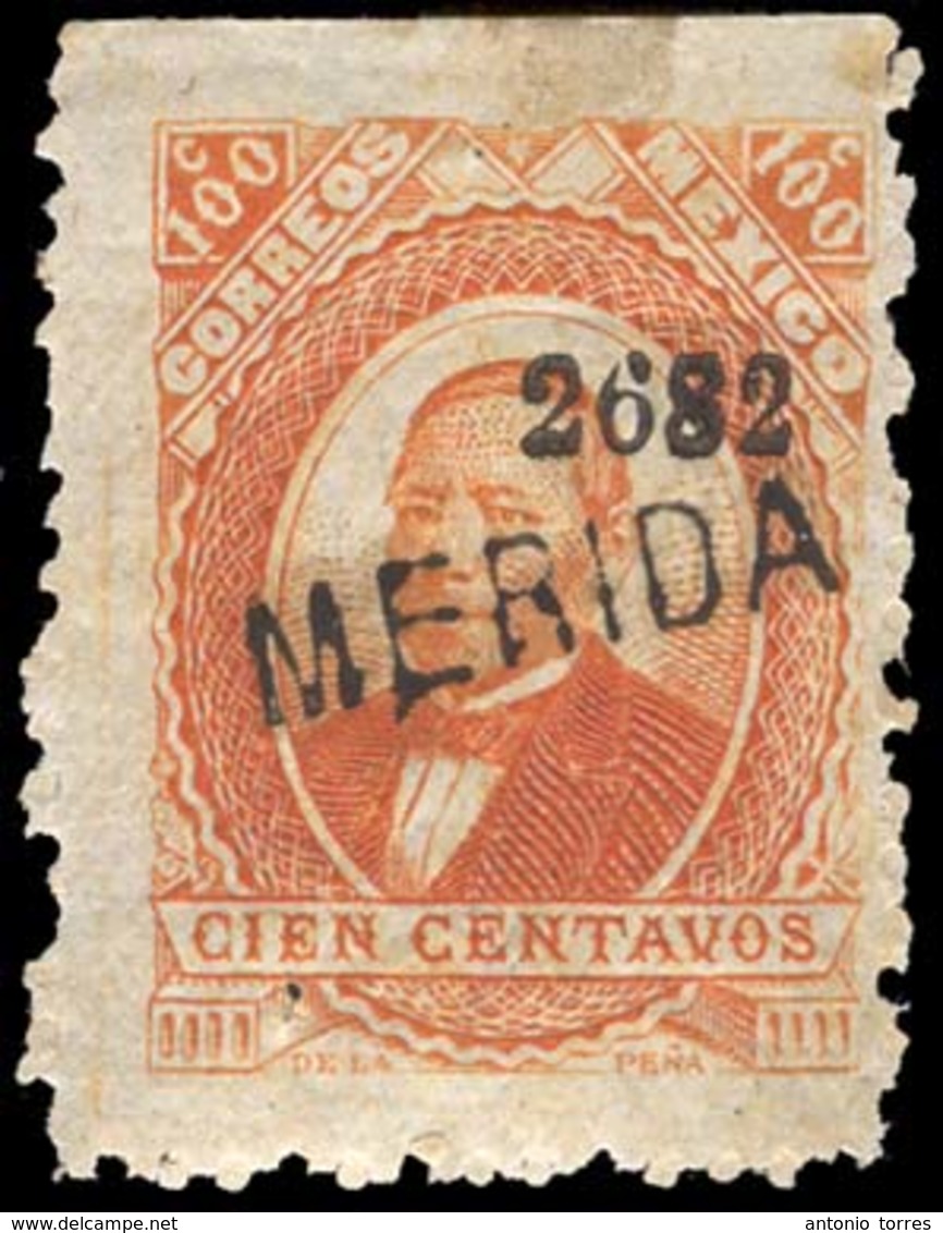 MEXICO. Sc. 145*. 1882. 100c Orange Thin Paper, 26-82. Merida Mint No Gum. Cat. 2004 95$++ District. Scarce. - Messico