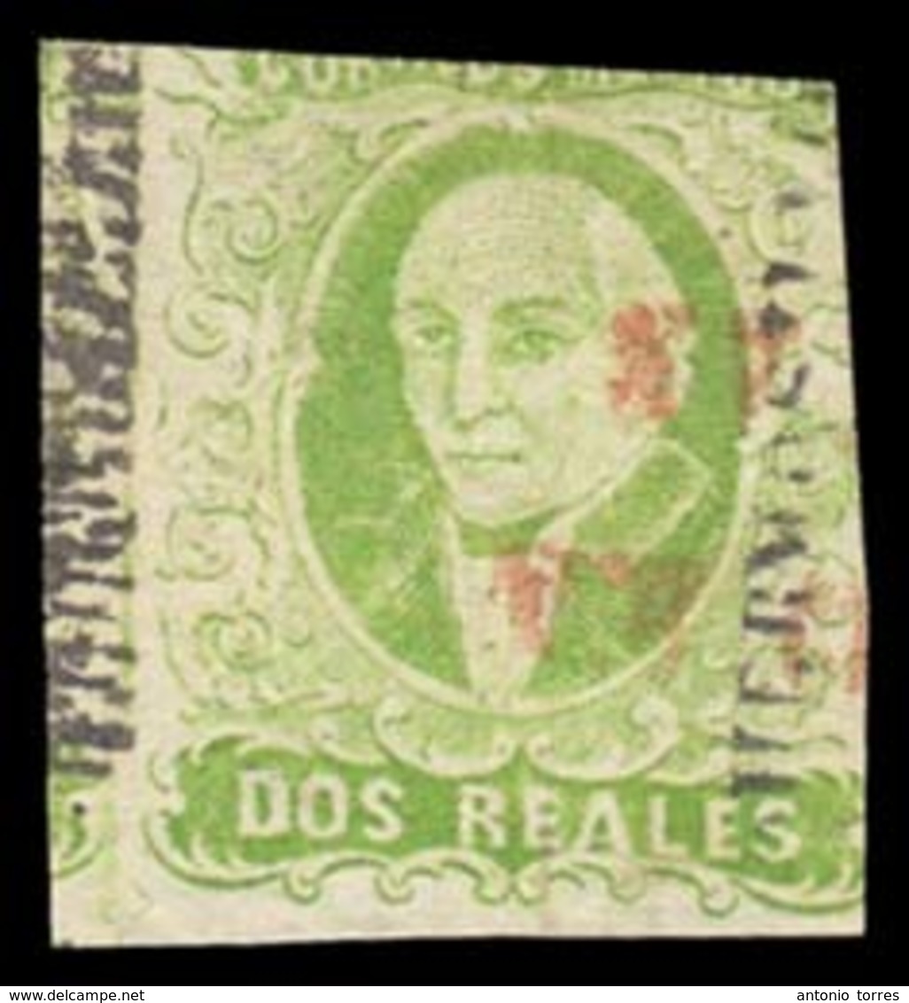 MEXICO. Sc. 3, Used. 1856. 2rs Yellow-green. Hermosillo District Name, Struck 3 TIMES At Both Sides, Bottom To Top, Canc - Mexiko