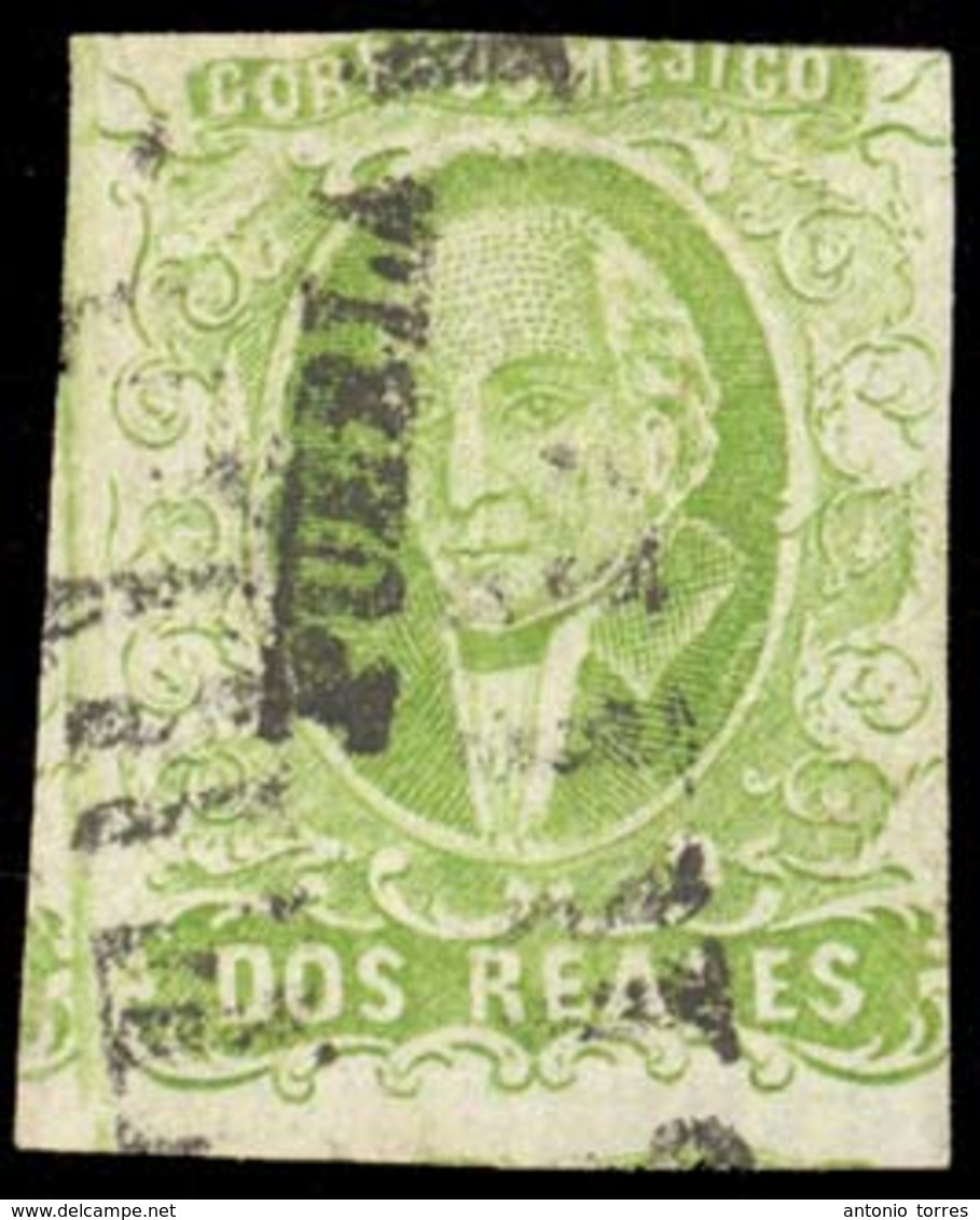 MEXICO. Sc. 3, Used. 1856. 2 Reales Yellow/green. Puebla District + Cancel, Showing Complete STICH WATERMARK Clearly At  - Messico