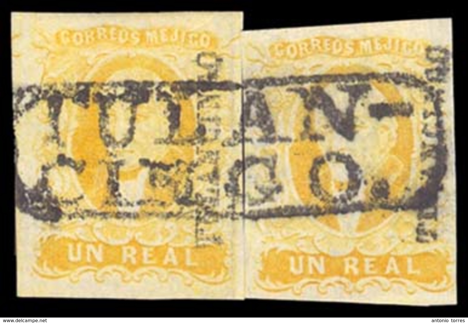 MEXICO. Sc. 2 (2), Used. 1856. 1 Real Yellow, Wide Setting. 2 Stamps Formerly On A Same Franking Forming A Pair. Complet - Mexico