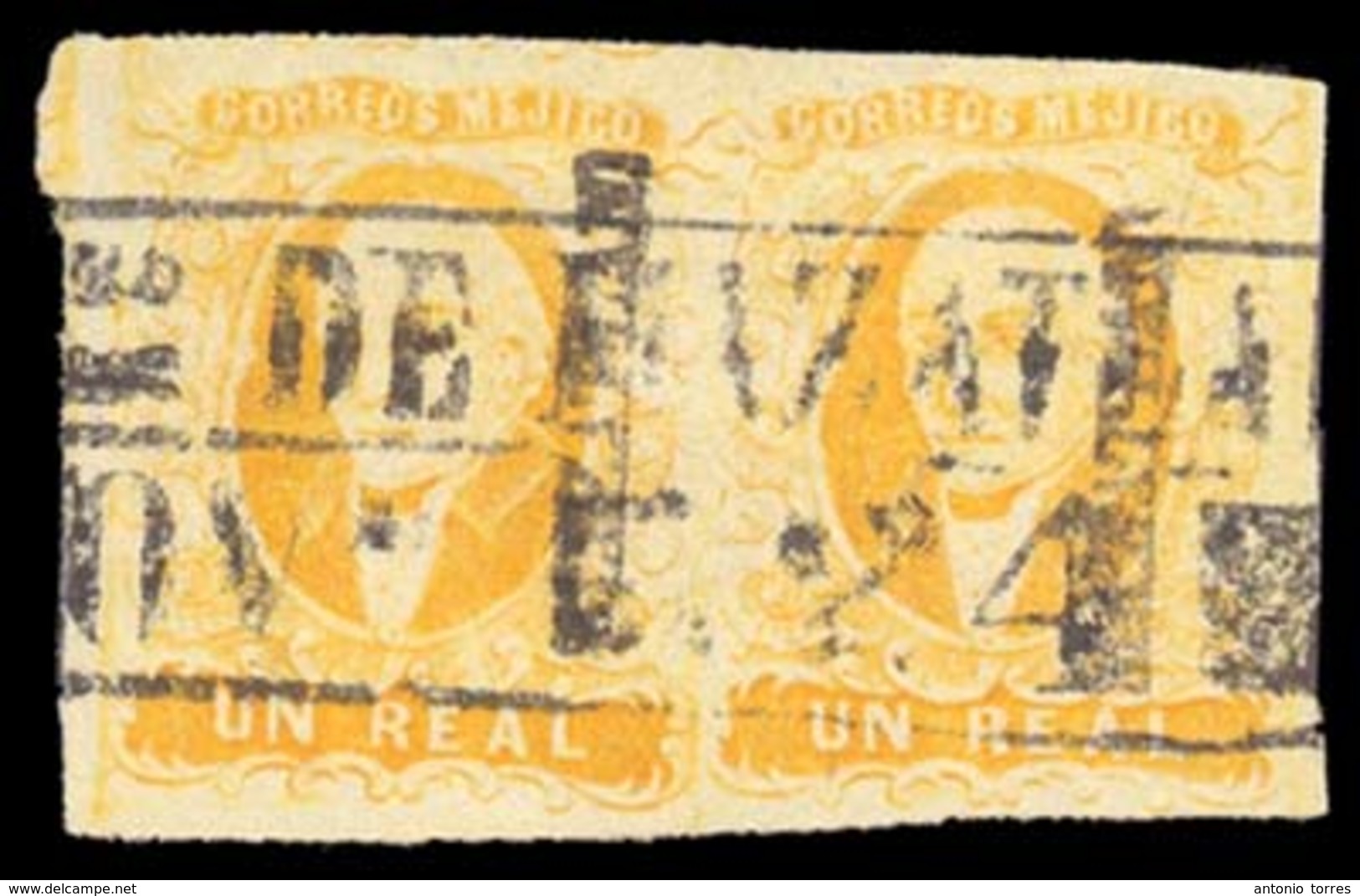 MEXICO. Sc. 2 X 2. Used. 1856 1 Real Yellow Horizontal Pair, Medium Setting, Complete Margins, On GRANULATED PAPER  (as  - Mexiko