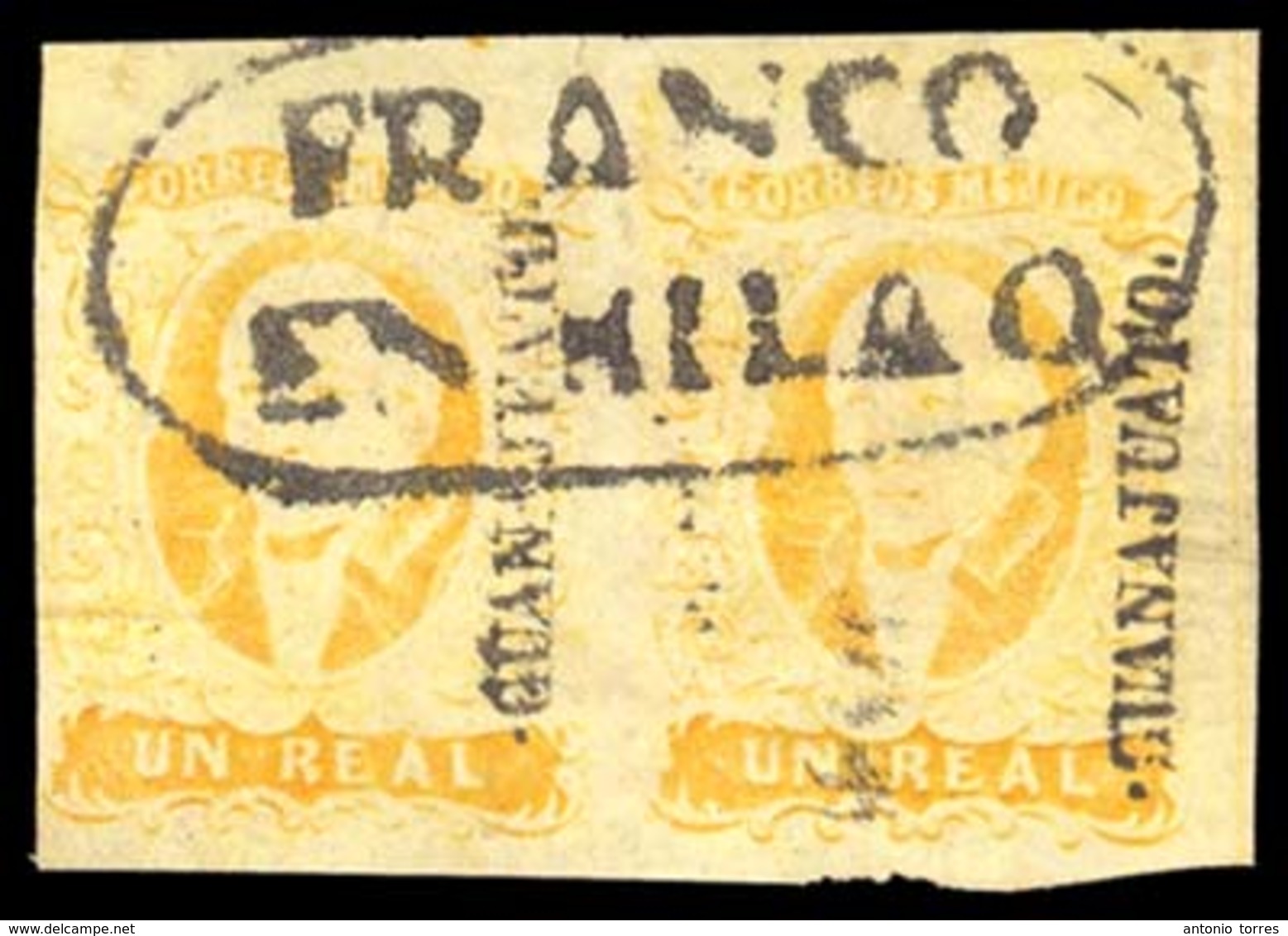 MEXICO. Sc. 2º X 2. 1856 1 Rl Yellow, Wide Setting, Horizontal Pair. Complete Good Margins. Guanajuato District, Cancell - Mexico