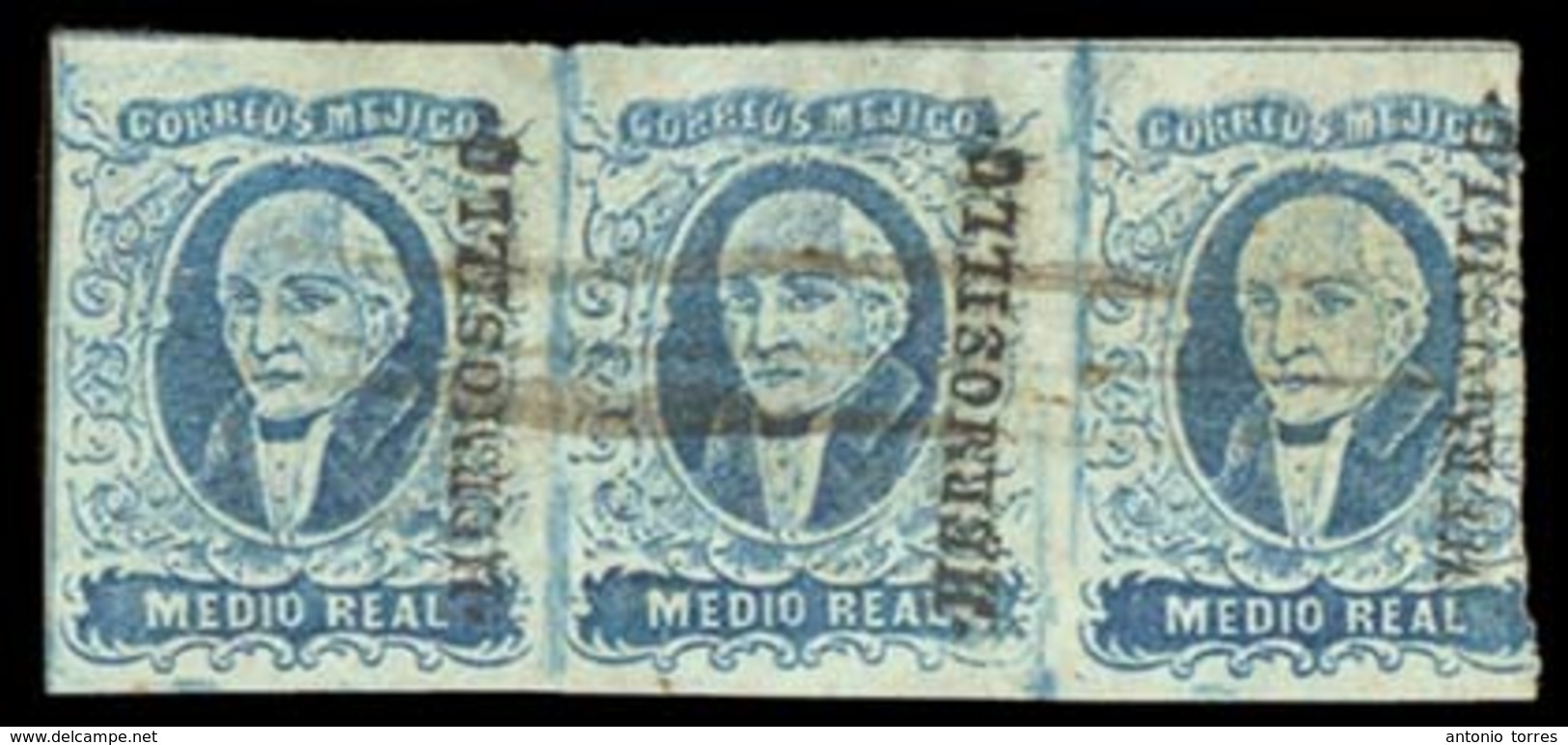 MEXICO. Sc. 1º X 3. 1856 1/2 Real Blue. Horizontal STRIP OF THREE. Very Good Margins. Hermosillo District Name (RR). Pen - Mexico