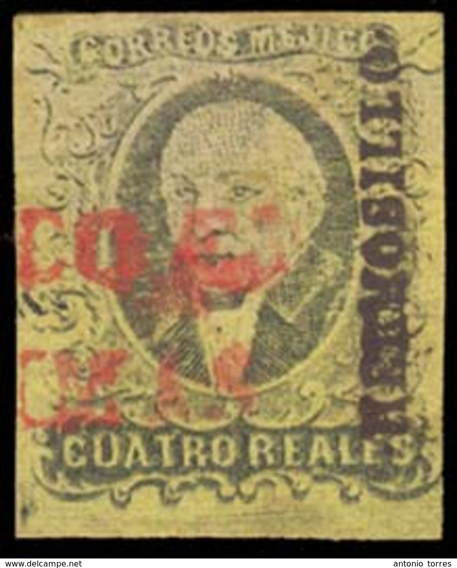 MEXICO. Sc. 9º. 1861 4rs Black / Yellow. Large Complete Margins. Hermosillo Name District, Cancelled Tied "Franco En / G - Messico