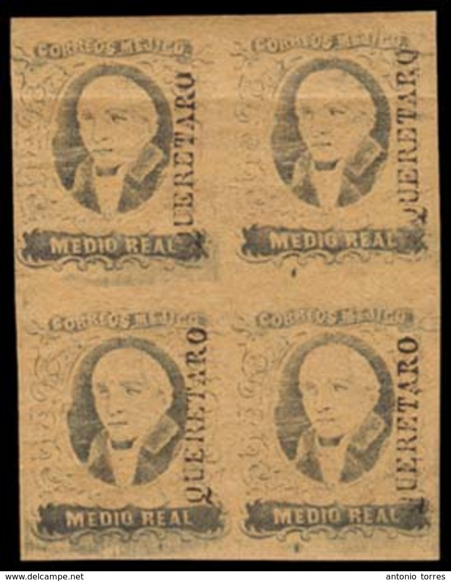 MEXICO. Sc. 6* (4). 1861. 1/2 Real. Mint Original Gum. Queretaro Name, Full Margins. BLOCK OF FOUR. Horizontal Folding C - Messico