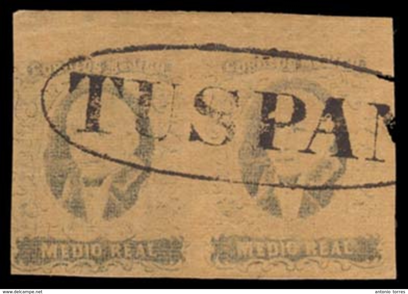 MEXICO. Sc. 6a, Used (2). 1861 1/2 Real, No Name Ovpt (TUXPAN). Large Margins, Border At Top, Cancelled Oval TUSPAN (Sch - Mexico