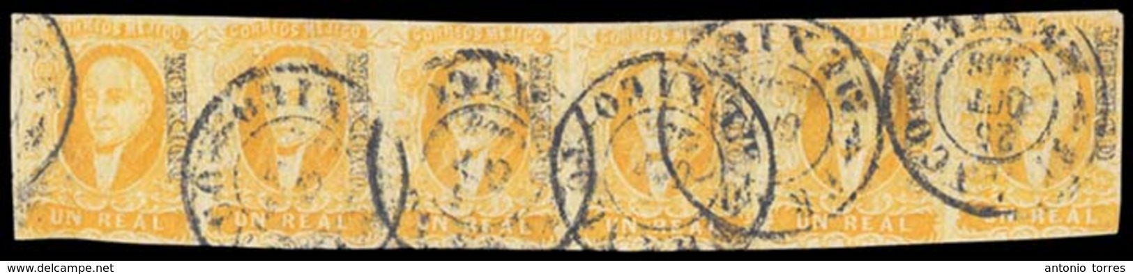 MEXICO. Sc. 2 (6). Used. 1856 1 Real Intense Yellow, Close Settings. Horizontal STRIP OF SIX, With Excellent Margins. Di - Mexique