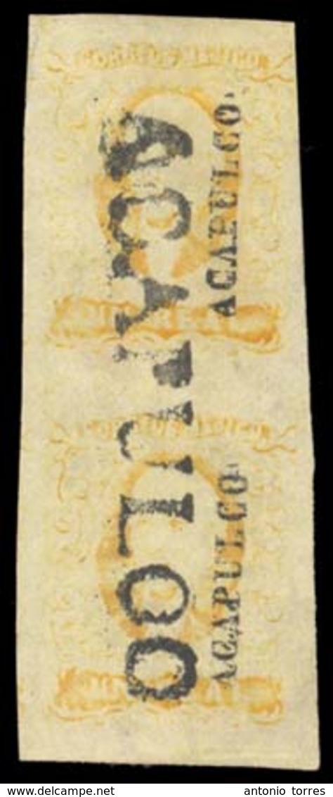 MEXICO. Sc. 2 (2), Used. 1856 1 Real Yellow, Wide Setting Vertical Pair With Complete Margins. District Name ACAPULCO, W - Mexico