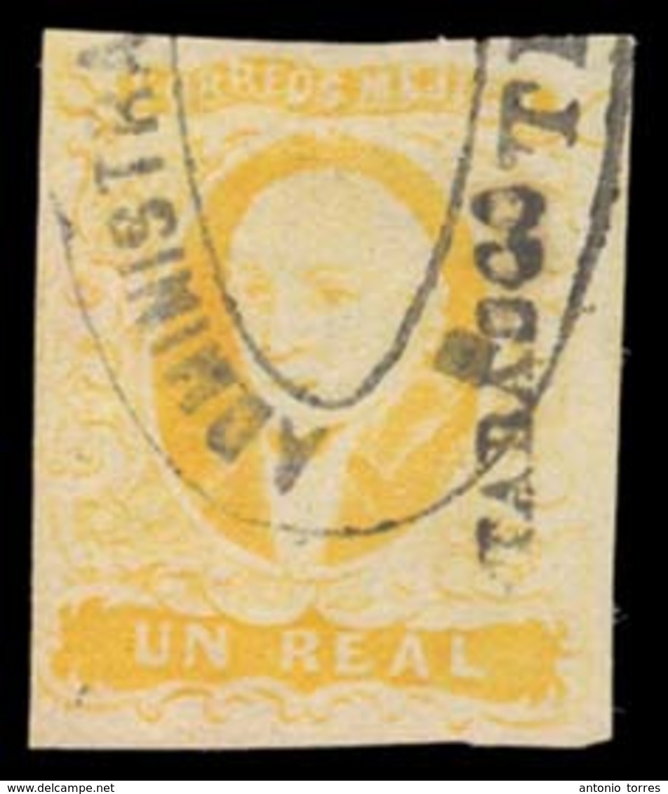 MEXICO. Sc. 2, Used. 1856 1 Real Yellow, Wide Margins All Around. TABASCO District Name, Cancelled Oval "Administracion  - Mexico