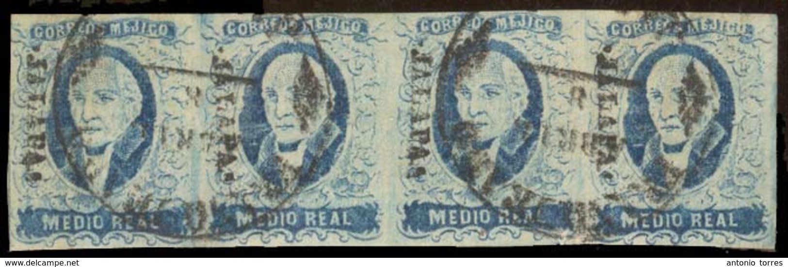 MEXICO. Sc. 1º (4). 1856 1/2 Real Blue, Horizontal Strip Of Four. Jalapa District, Cancelled Cds's. Sch. 596. F-VF. Meps - Messico