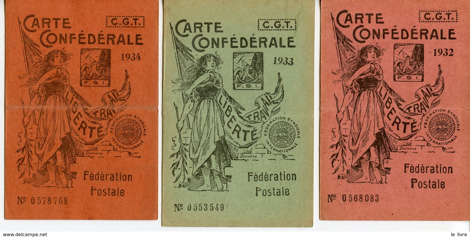 1282. LOT DE 3 CARTES CONFEDERALES CGT DE LA FEDERATION POSTALE 1932 1933 1934 - Ohne Zuordnung