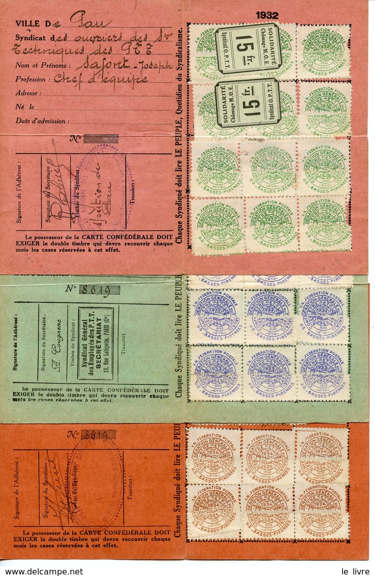 1282. LOT DE 3 CARTES CONFEDERALES CGT DE LA FEDERATION POSTALE 1932 1933 1934 - Unclassified