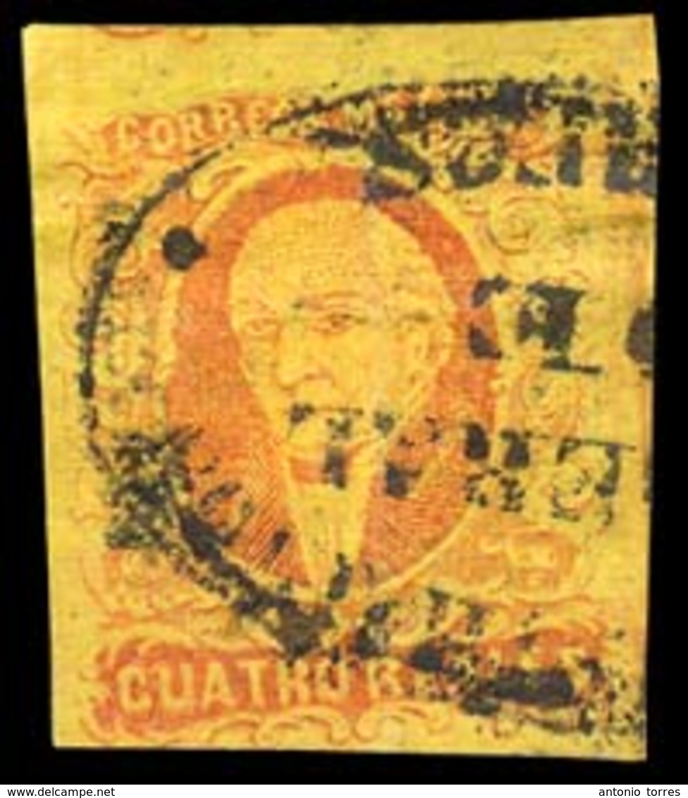 MEXICO. Sc 38º. 4rs Red / Yellow Gothic Name, Complete Margins, Oval ADMINISTRACION De CORREOS Cancel (rarely Seen). F-V - Messico