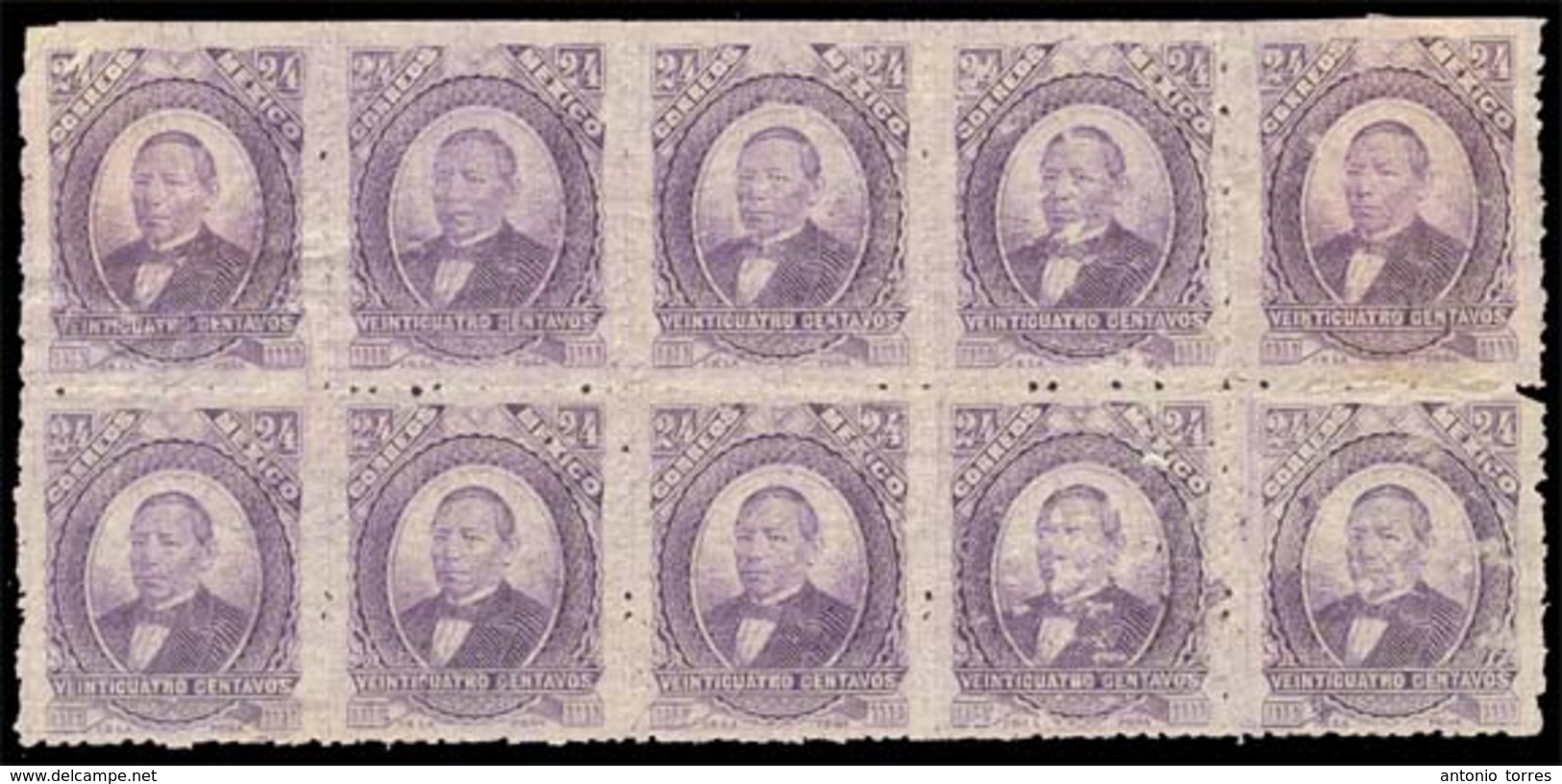 MEXICO. Juarez. 24c Violet. Block Of 10 Mint, No Ovpt. With PART MINT In Between On Reverse. Nice Multiple. - Messico