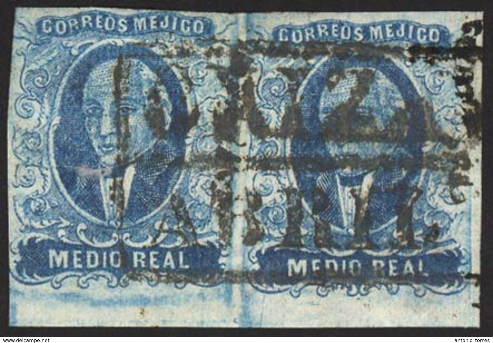 MEXICO. 1856. 1/2 Rl. Blue Horizontal Pair. Orizava Name + Box Cancel. Narrow Selting. - Mexico