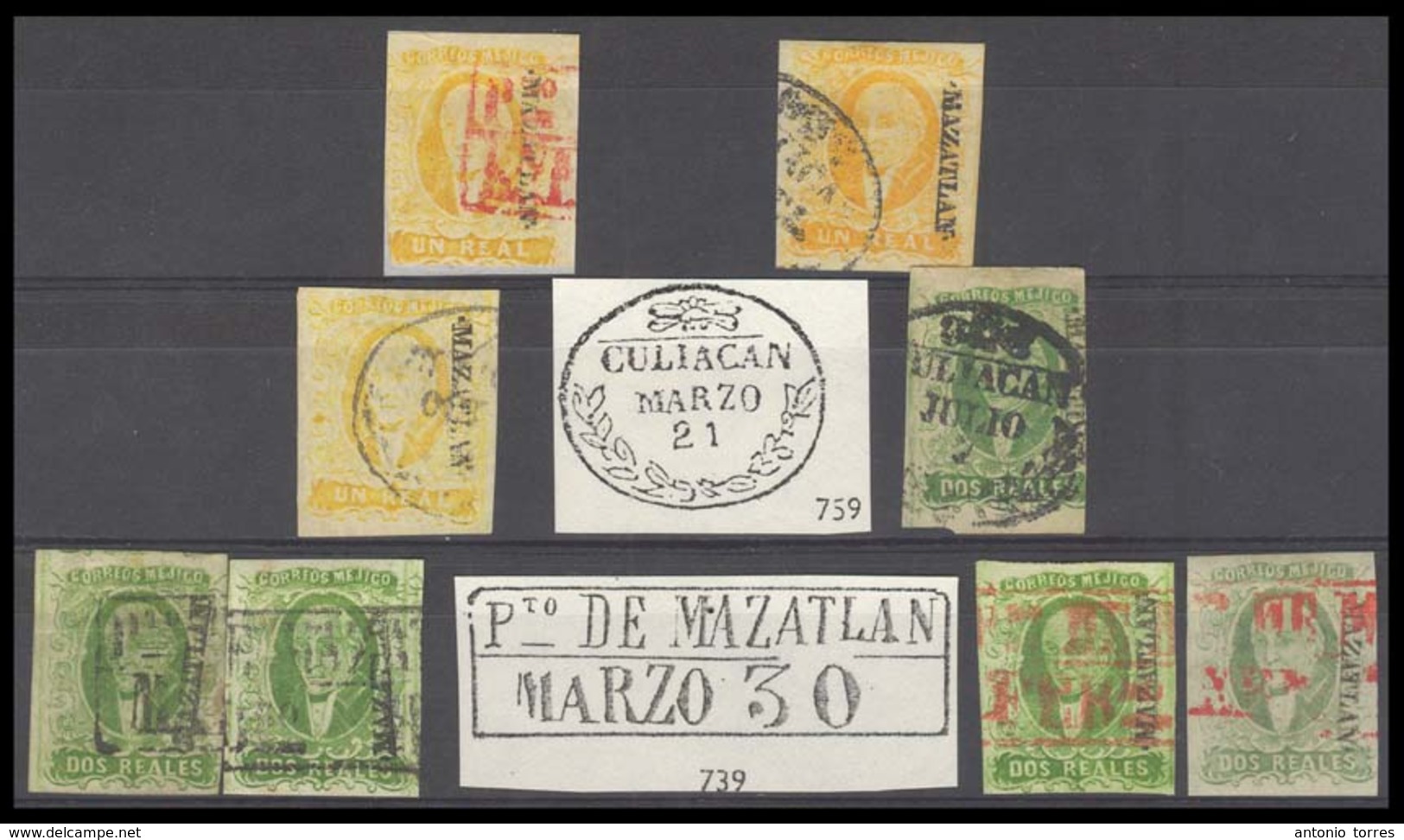 MEXICO. Sc 3ºb. MAZATLAN District. 1rl (x3) And 2rs Green (x5 Diff Shades, Incl Emerald). With PTº Mazatlan + Culiacan C - Messico