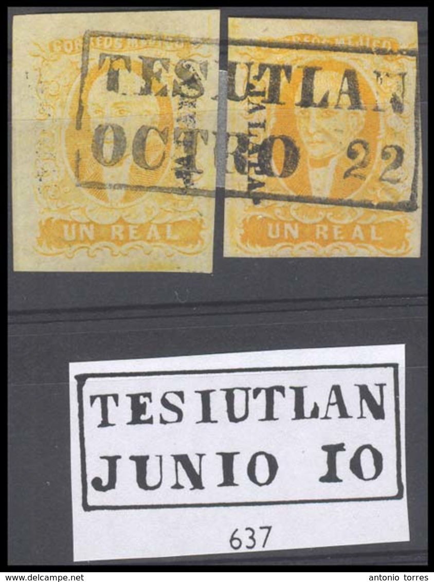 MEXICO. Sc 2º(2). JALAPA District. 1rl Yellow, Two Stamps Forming A Matching Cancel "TESIUTLAN" (xxx) Sch 637. Not Refer - Messico