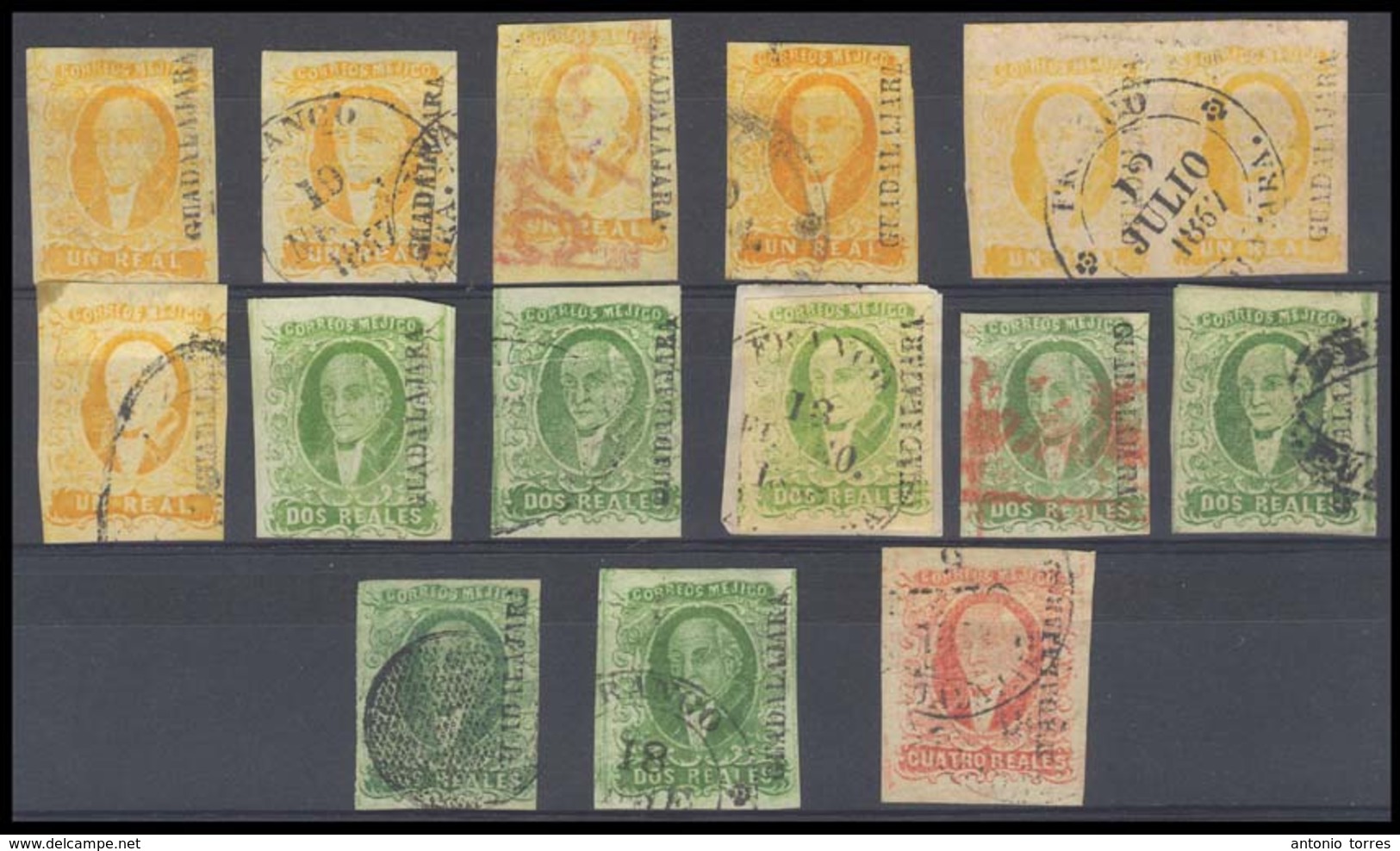 MEXICO. Sc 2º/4º. GUADALAJARA District. Selection Of 15, Including 1rl (7, One Horizontal Pair + One Mint, Shades), 2rs  - Mexique