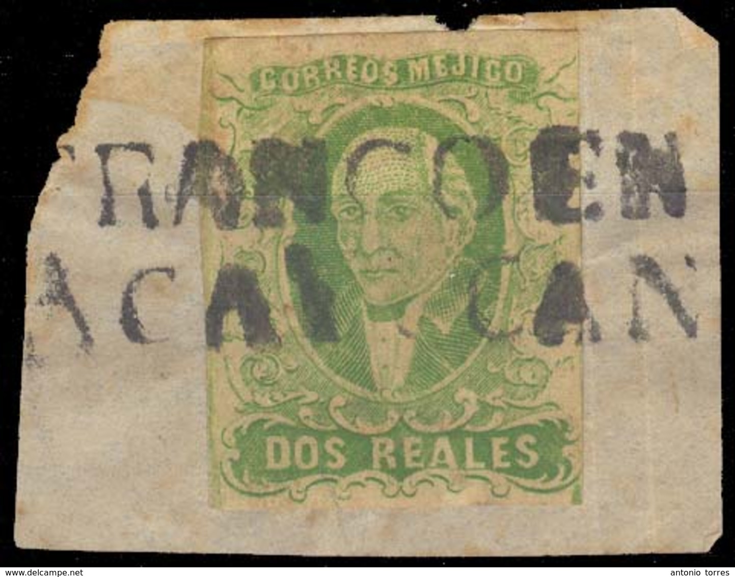 MEXICO. Sc 3dº. 1856. 2rs Yellow Green, No Name (Veracruz) "FRANCO EN / ACAYUCAN" (xxx) ( Sch 1759). Fine And Scarce. - Mexique