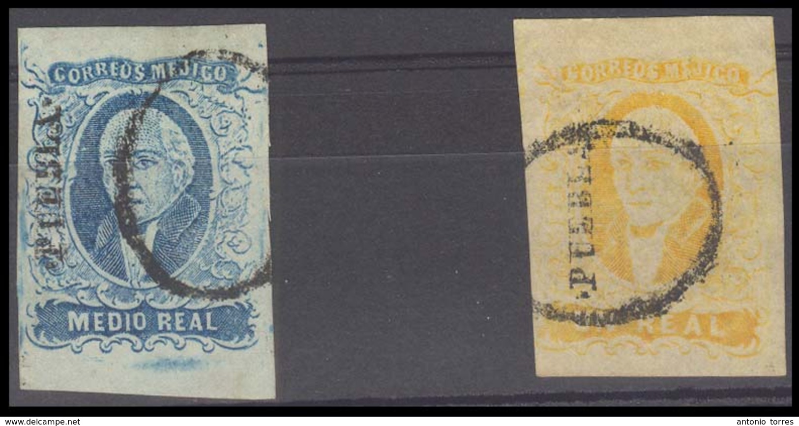 MEXICO. Sc 1º/2º. PUEBLA District. 1/2rl Blue And 1rl Yellow, Wide Setting, Both Central "O" Cancel (xxx). Sch 1149 (15  - Mexico