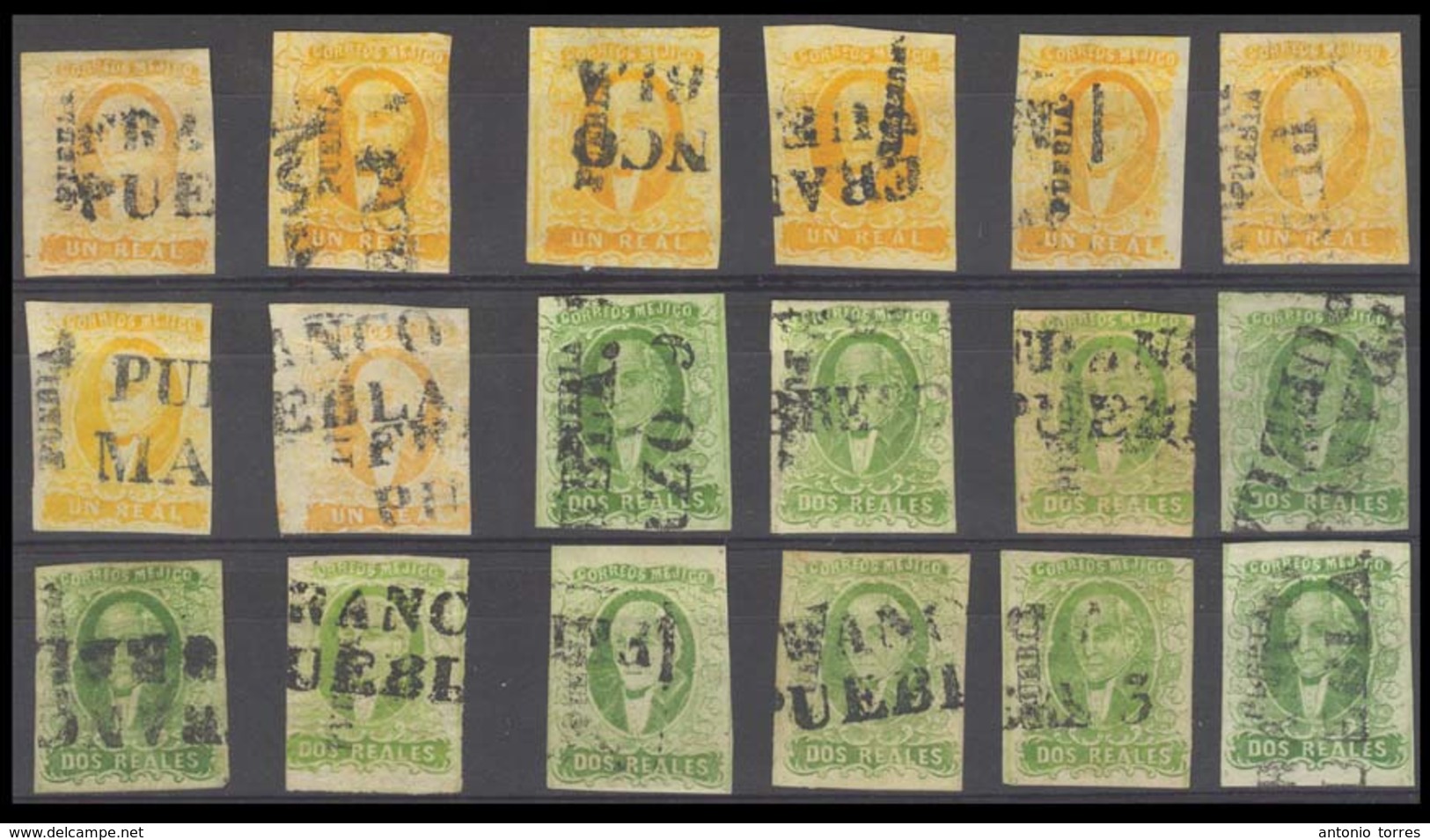 MEXICO. Sc 2º/3º. PUEBLA District. 1rl (x8) And 2rs Green (x10) With Diff Shades, Name Positions. Mostly F-VF (18 Stamps - Mexique