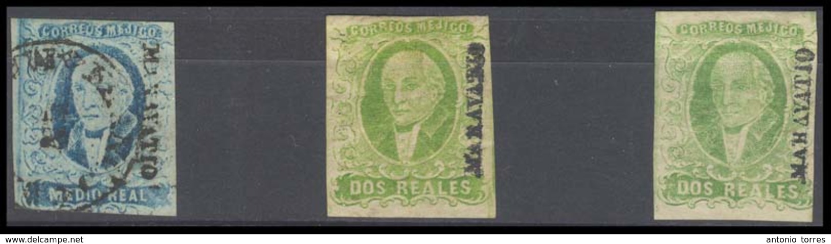 MEXICO. Sc 1º/3º. MARAVATIO District. 1/2rl Blue Used, And 2rs Green Mint, Two Stamps, Diff Shades And Diff Name Letters - Mexique