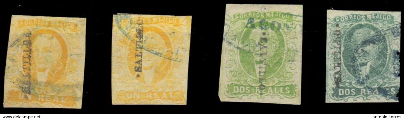 MEXICO. Sc 2º/3ºa. SALTILLO District. 1rl Yellow (2 Shades) And 2rs Green Yellow And Blue Green (rare), All Oval Blue Ca - Messico