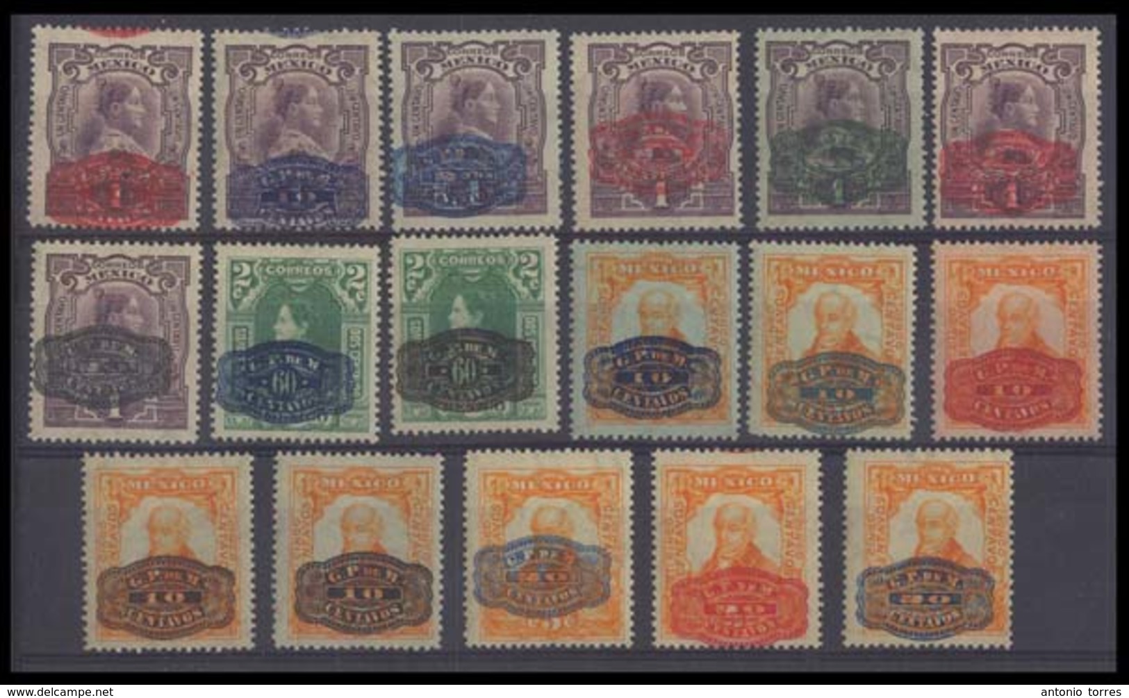Mexico - XX. 1916. Barrilito Issue. Selection Of 17 Diff Overprinted ESSAY In Diff Colors, Full O.G. Light Hinge. Exceed - Mexique