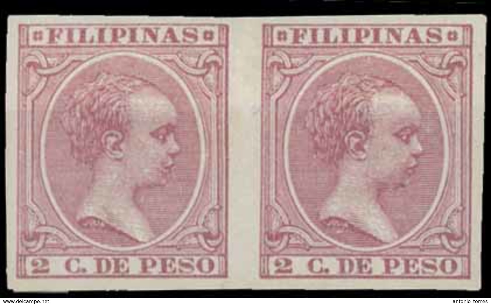 PHILIPPINES. **80s (Edifil Equivalent Number) 1890. 2c Peso Claret. Horizontal Pair IMPERFORATED. Not Catalogued, With F - Filippine