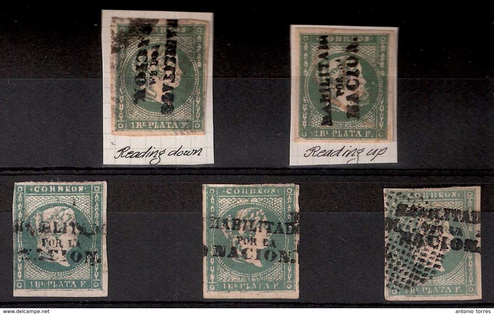 PHILIPPINES. 1869. 20K. HPN. 1real Verde Grisaceo. 5 Sellos Incl 3 Aparentemente Nuevos, Todos Con Sobrecargas En Diff P - Filippine