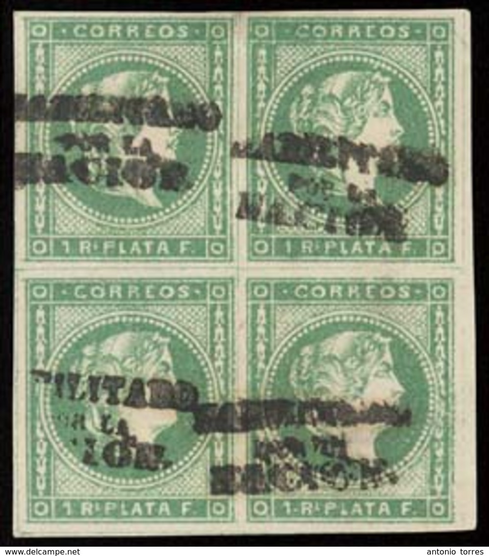 PHILIPPINES. 1869. 20Lº (4). Habilitado Por La Nacion. 1 Real Verde Esmeralda, Bloque De 4 Nuevo, Grandes Margenes, Bord - Philippines