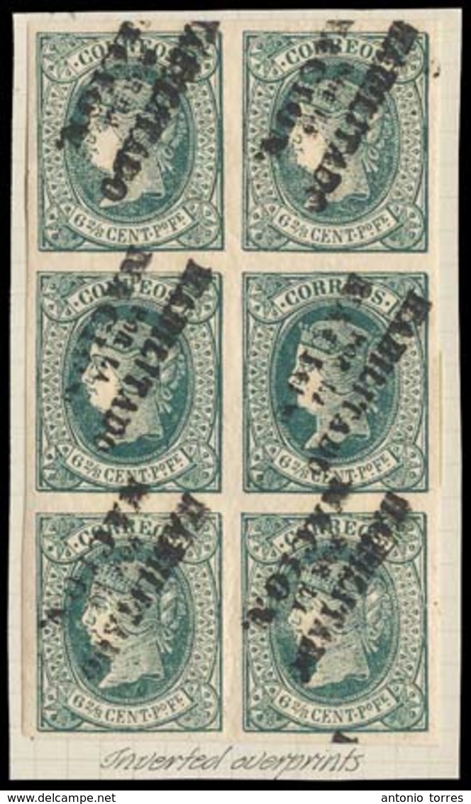 PHILIPPINES. 1869. 20M* (6). HPN. 6 2/8c Verde, Bloque Vertical De Seis Nuevo Con Goma Y Sobrecargas Diagonales INVERTID - Philippines