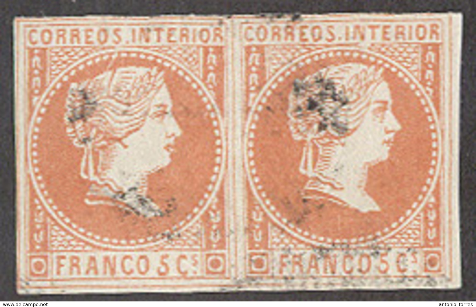 PHILIPPINES. 1858. Ed 7º (x2). 5c Bermellon. Preciosa Pareja Horiz Usado Con Grandes Margenes. Doble Marquilla Roig. - Filippine