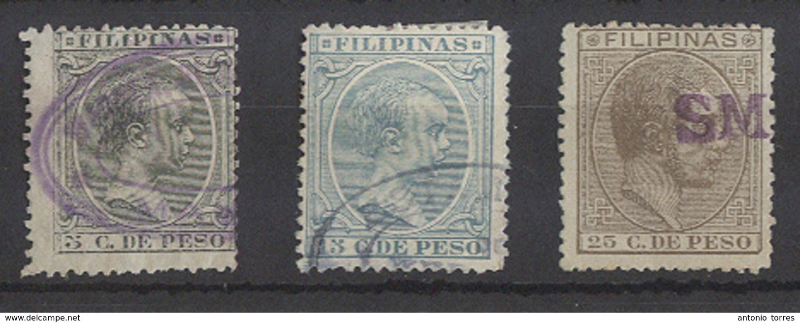 PHILIPPINES. C.1890-5. 5c Peso Green 5c Alf XII With Two Diff Comercial Oval Cachets. - Philippines