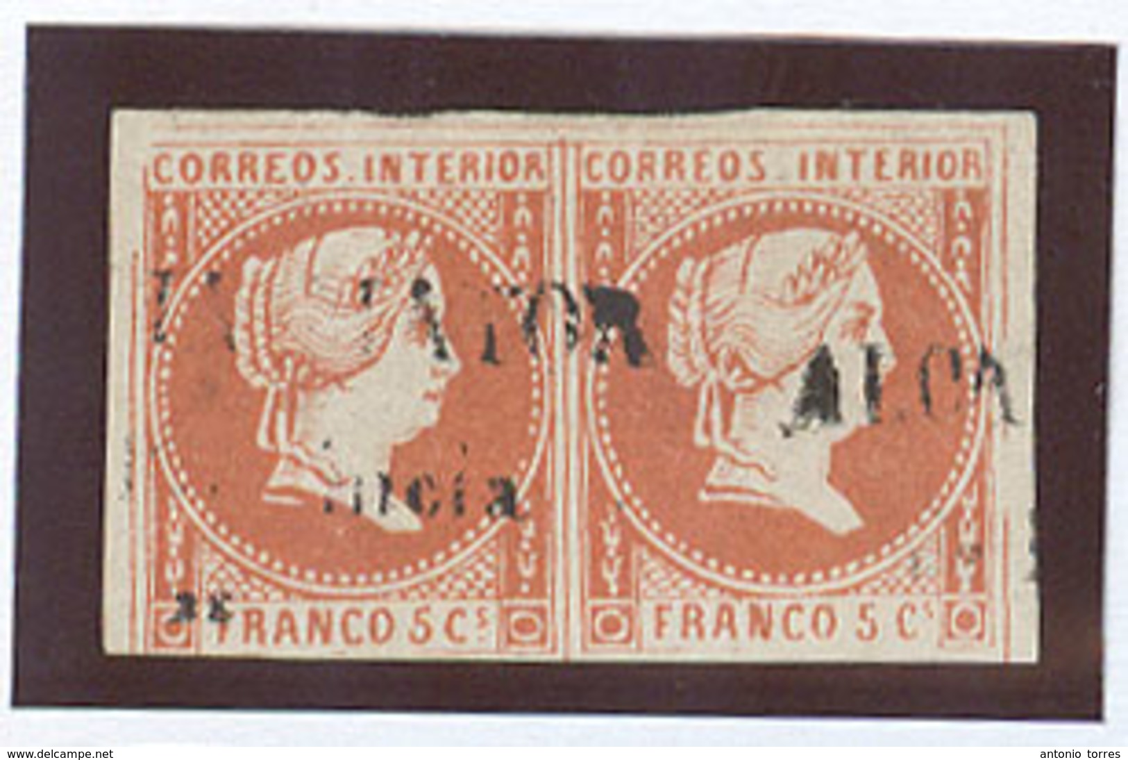 PHILIPPINES. 1858. Ed 7º X2 5c Bermellion Pareja Horiz Margenes Ctos Matasellos Lineal "Alcaldia Mayor / Provincia De" ( - Filippijnen