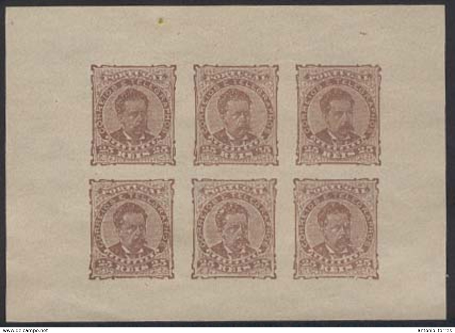 PORTUGAL. 57*. 25rs Brown POSTAL Forgery. "Pera Do Sataras". Complete Panel Imperf. Sheet Of Six. V.fine. - Other & Unclassified