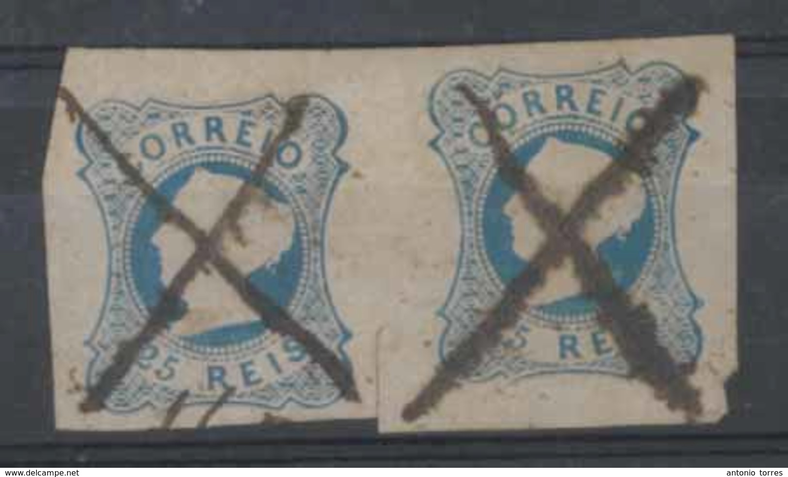 PORTUGAL. 2º. Die II. Blue Shade Horizontal Pair, V. Good Margins All Around, Cancelled By 2 Ink Strokes (cross). Most U - Altri & Non Classificati