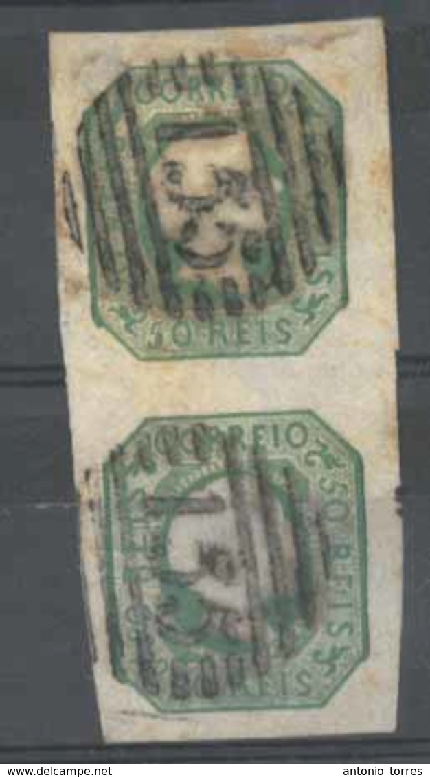 PORTUGAL. 8º. Dark Yellow Green. VERTICAL PAIR, Large/huge Margins, On Unusually Thin Paper, Cancelled "135" Grills (Vou - Altri & Non Classificati
