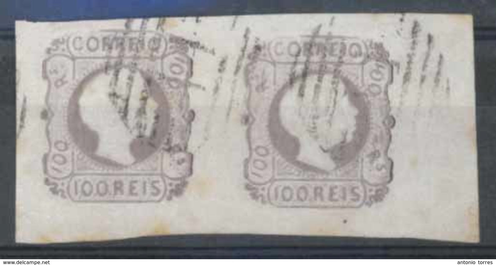 PORTUGAL. 9º. Mauve Lilac. Horizontal PAIR, Large Margins, Right Is Border.  A Few Spots. Cancelled "44" Grill (Torres V - Altri & Non Classificati