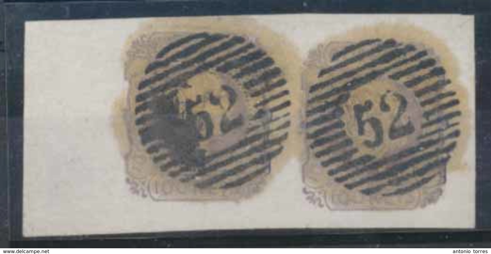 PORTUGAL. 9º. Dark Lilac. Horiz. Pair, Large Margins, Border Sheet At Left. Cancelled Only "52" Grills (PORTO). Fine. - Altri & Non Classificati