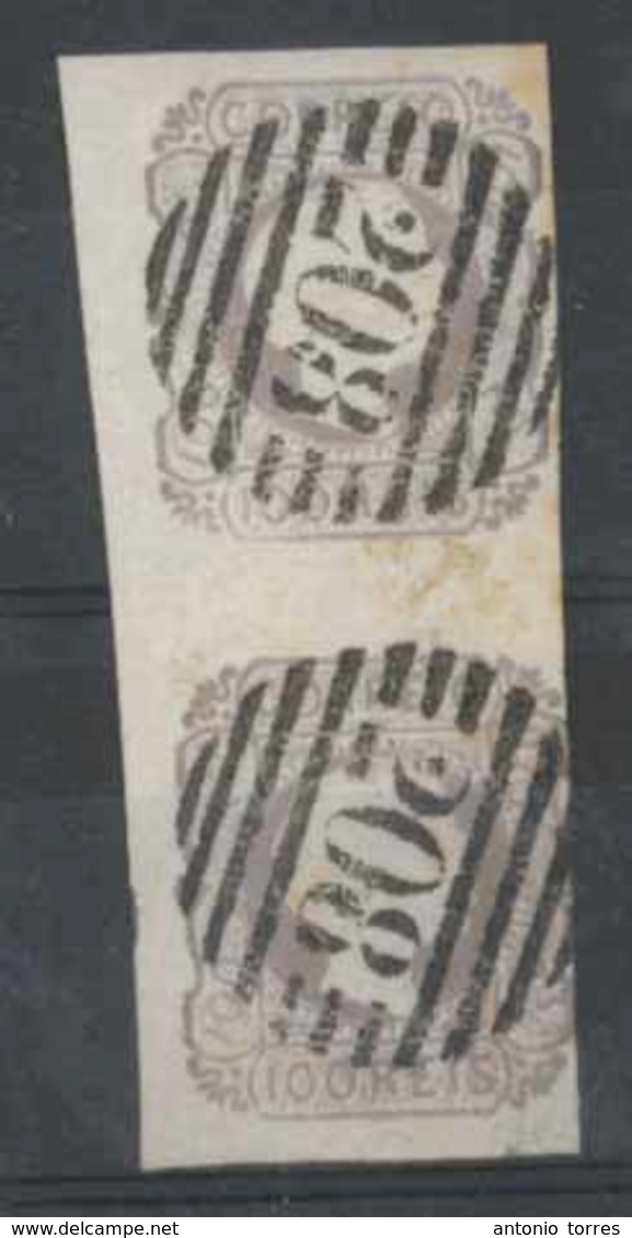 PORTUGAL. 9º. Lilac. Vert. Pair. Three V. Good Margins, Fourth Touches Lower Strip, Cancelled "208" Grills. (Faro). - Altri & Non Classificati