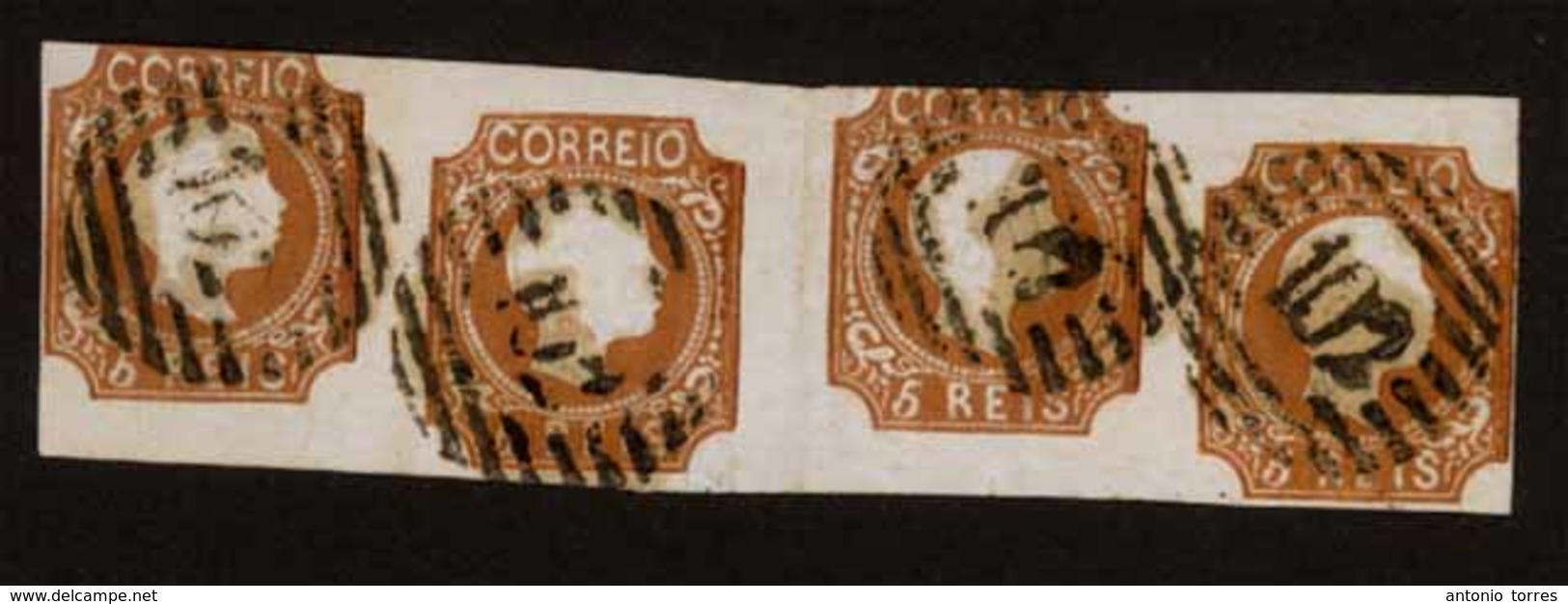 PORTUGAL. 10º. Type II. Yellow Brown. Horizontal STRIP OF FOUR. Very Displaced Cliches Composition Complete Margins (tou - Other & Unclassified