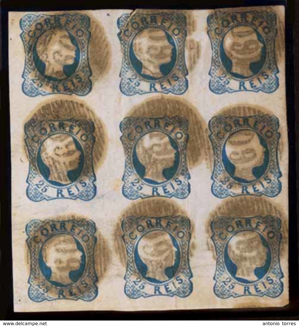 PORTUGAL. 12º. Type I. Blue Shade. BLOCK OF NINE, Complete Good Margins All Around, Aesthetically Cancelled "60" Grills  - Altri & Non Classificati