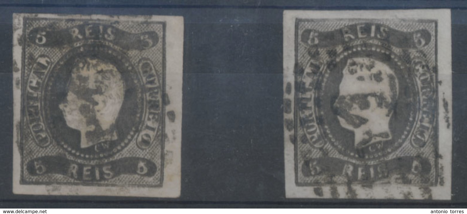 PORTUGAL. 19º. 2 Stamps 5rs Black Die II, Both Good Margins, With Re-entry/KISS PRINTS Clearly Visible In The Figure. - Altri & Non Classificati