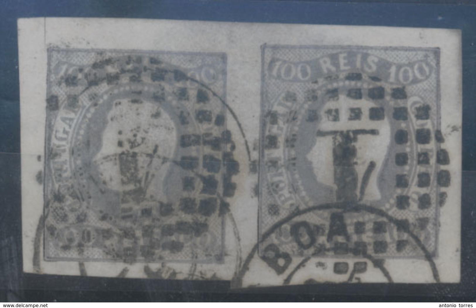 PORTUGAL. 25º. 100rs Lilac Die Ia. Horiz. Used Pair, Huge/mammouth Margins All Around (upper One And Left Are Border Cor - Altri & Non Classificati