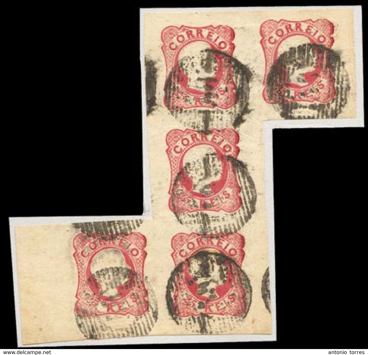 PORTUGAL. 13º. Die V, Uniform Ink Rose Shade. Irregular STRIP OF FIVE  (5/S Form), With Huge Margins All Around, Border  - Altri & Non Classificati